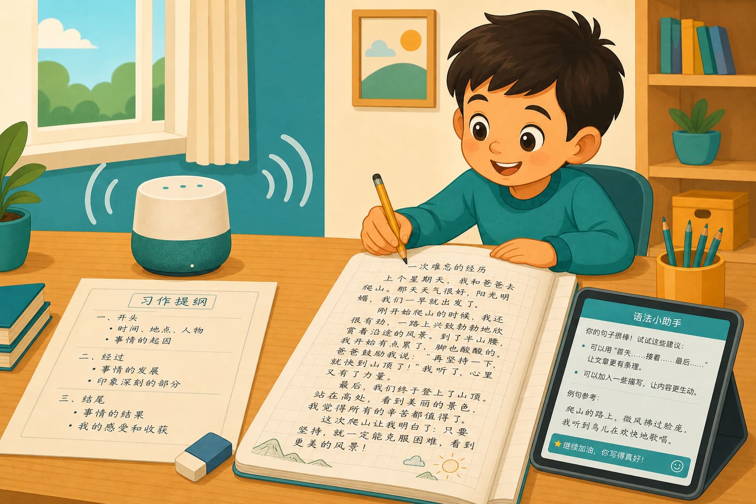 习作桌面上的提纲与作文本