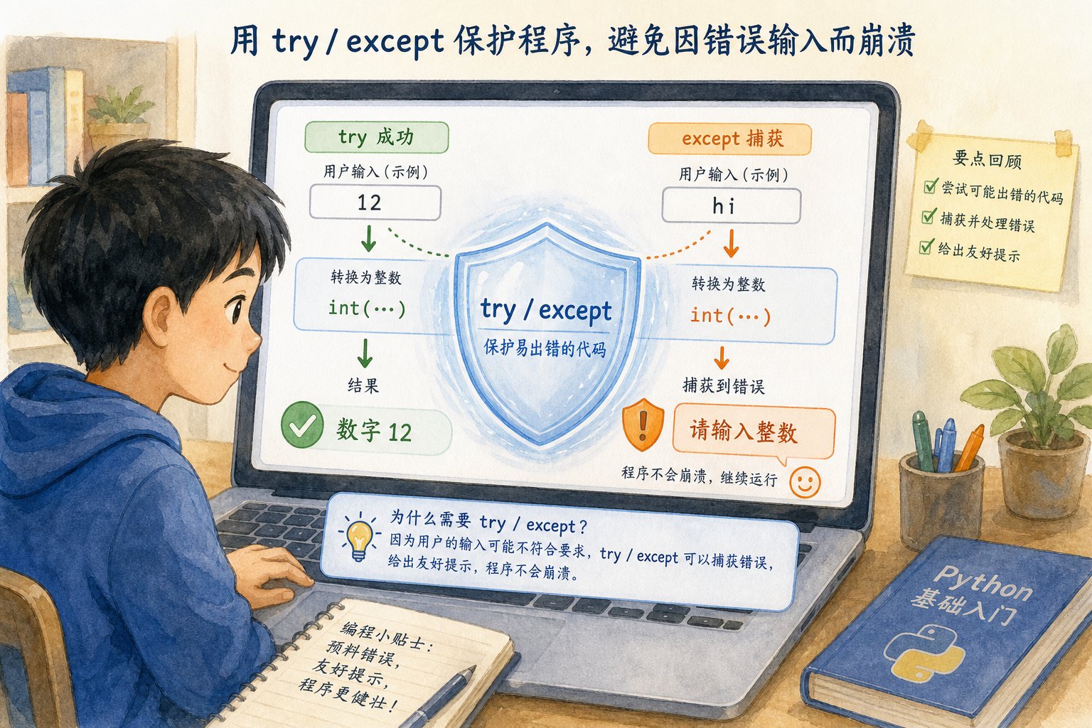 try/except：非法输入时友好提示