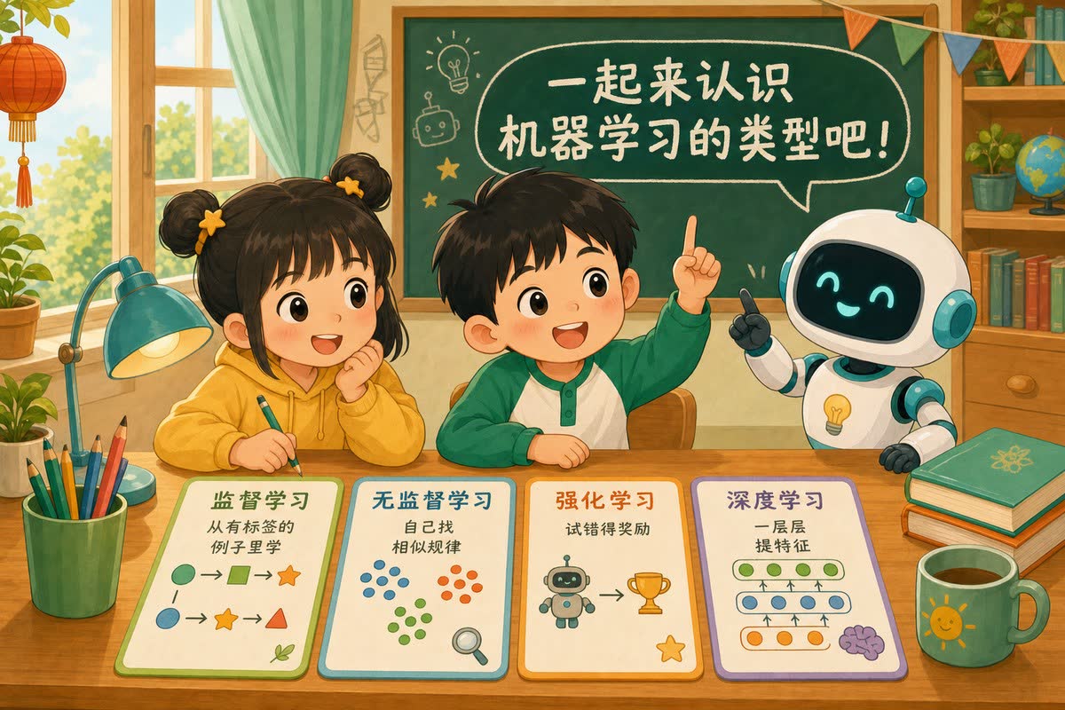 任务场景：桌上四张卡片，认识机器学习四大类型