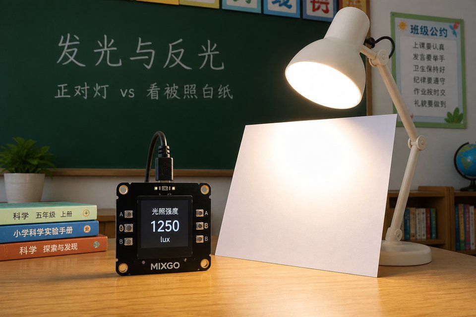 发光与反光：正对灯 vs 看被照白纸。