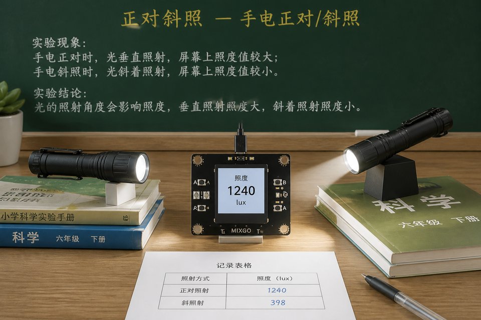 正对斜照：手电正对/斜照。