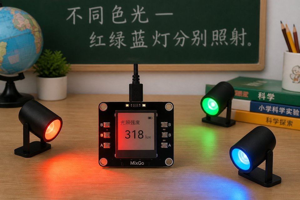 不同色光：RGB 依次点亮红/绿/蓝，读取光强（传感器光谱响应可不同）。