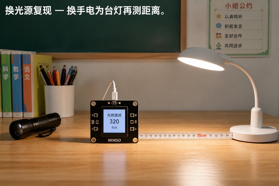 镜面转向：手电斜照，用白卡纸把光“折”向传感器。