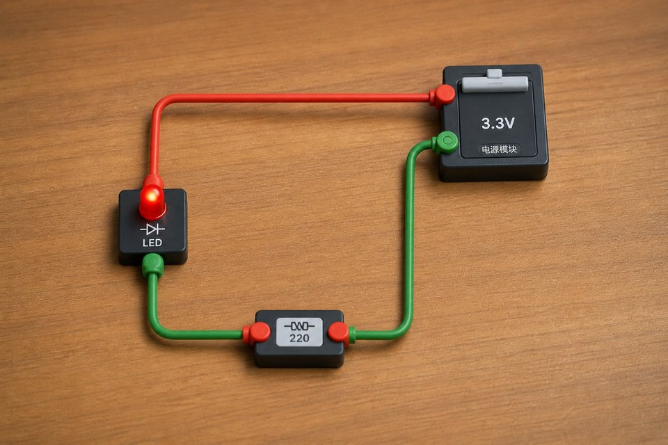 闭合才亮：电源+电阻+LED 组成闭合回路。
