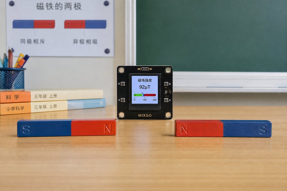 同极异极：两枚小磁铁：同名极相对 vs 异名极相对（保持几何尽量相同）。