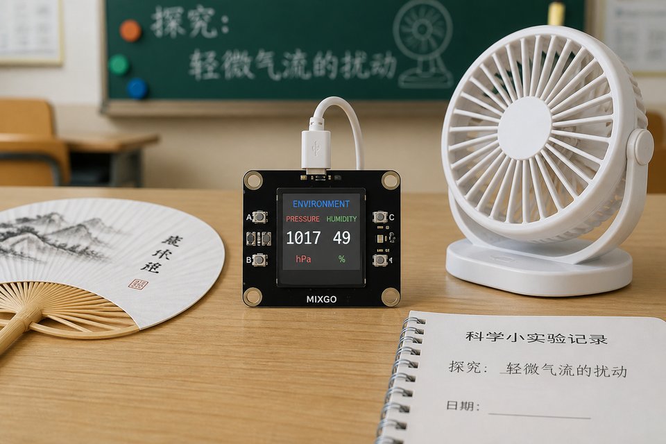 上楼看压：教室一层角落后到更高楼层/台阶（安全慢行），对比气压。